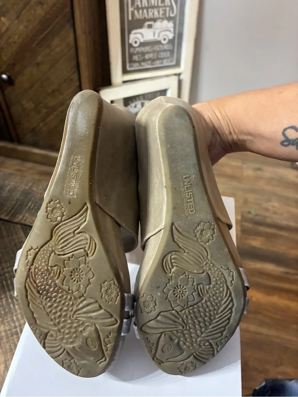 Unlisted by Kenneth Cole Tan and Metallic Beige Wedge Sandals